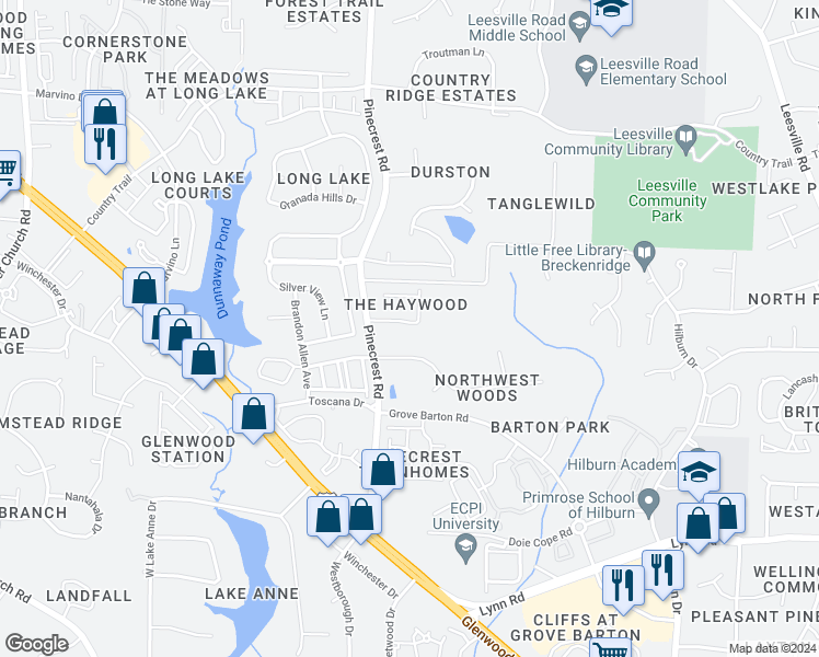 map of restaurants, bars, coffee shops, grocery stores, and more near 7433 Haywood Oaks Drive in Raleigh
