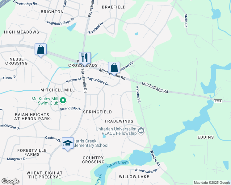 map of restaurants, bars, coffee shops, grocery stores, and more near 4109 Morning Blossum Place in Raleigh