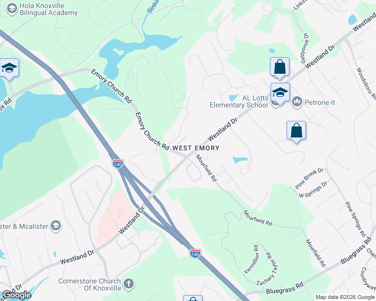 map of restaurants, bars, coffee shops, grocery stores, and more near 9461 Westland Drive in Knoxville