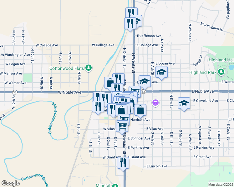 map of restaurants, bars, coffee shops, grocery stores, and more near 220 North 1st Street in Guthrie