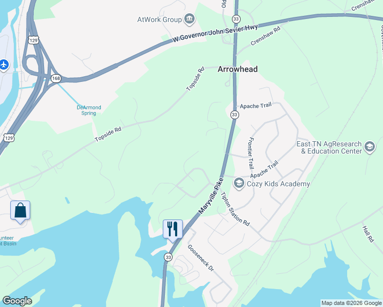 map of restaurants, bars, coffee shops, grocery stores, and more near 3709 South View Circle in Knoxville