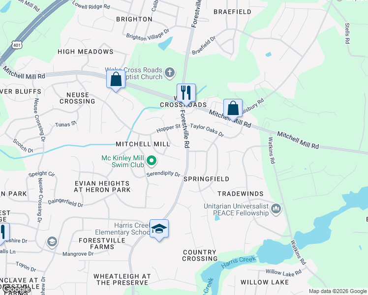 map of restaurants, bars, coffee shops, grocery stores, and more near 3625 Deering Drive in Raleigh