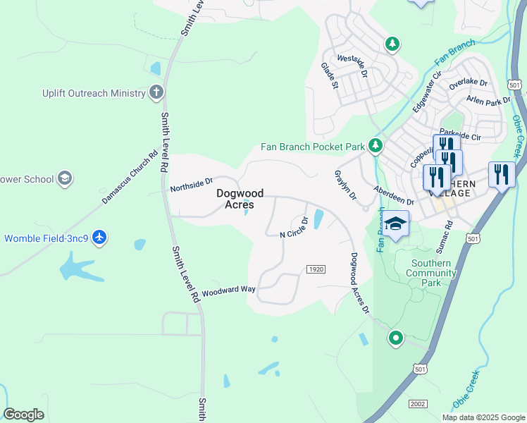 map of restaurants, bars, coffee shops, grocery stores, and more near 29 North Circle Drive in Chapel Hill