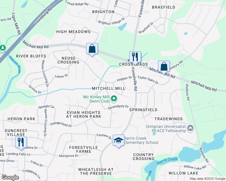 map of restaurants, bars, coffee shops, grocery stores, and more near 3516 Hamilton Mill Drive in Raleigh