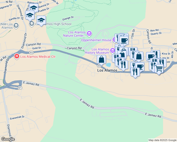 map of restaurants, bars, coffee shops, grocery stores, and more near 75 Loma Vista Drive in Los Alamos