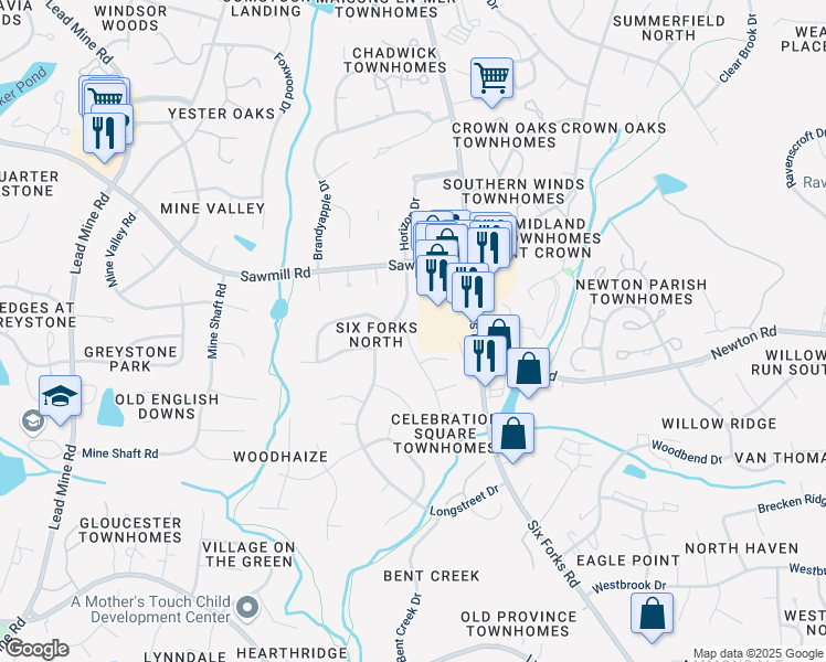 map of restaurants, bars, coffee shops, grocery stores, and more near 7620 Idolbrook Lane in Raleigh