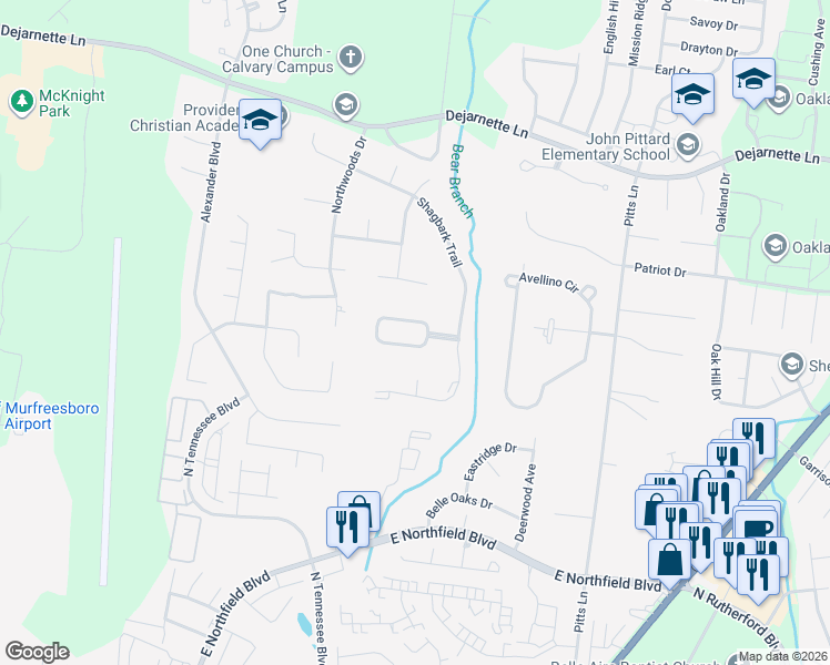 map of restaurants, bars, coffee shops, grocery stores, and more near 1407 North Woods Cove in Murfreesboro