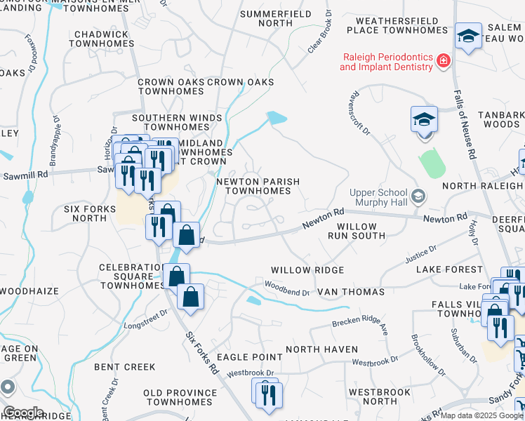 map of restaurants, bars, coffee shops, grocery stores, and more near 201 Bracken Court in Raleigh