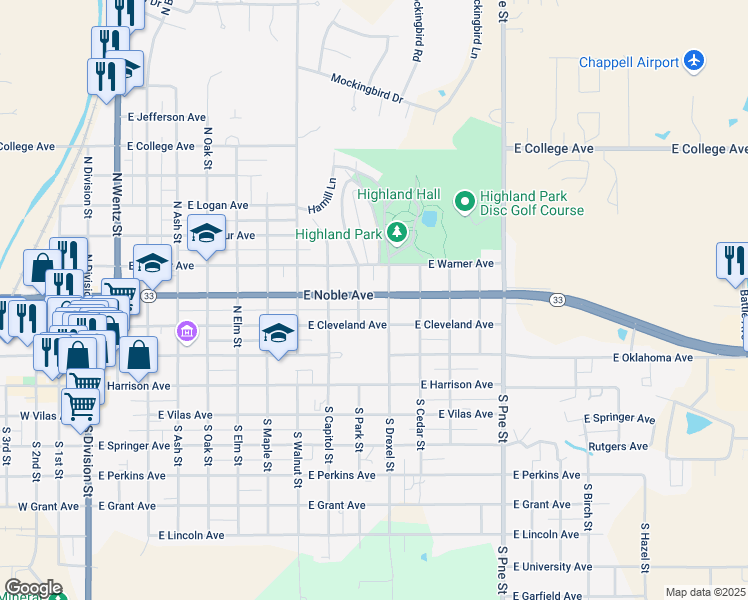 map of restaurants, bars, coffee shops, grocery stores, and more near 1015 Oklahoma 33 in Guthrie