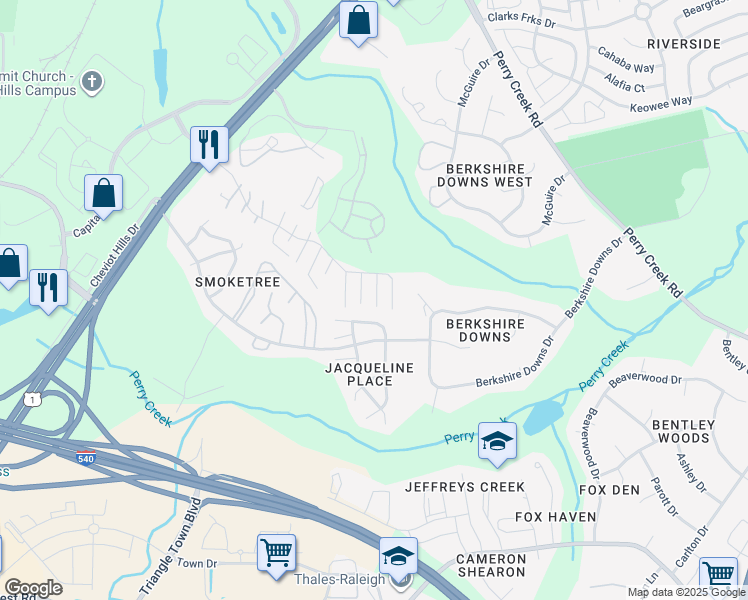 map of restaurants, bars, coffee shops, grocery stores, and more near 7803 South Nebraska Drive in Raleigh