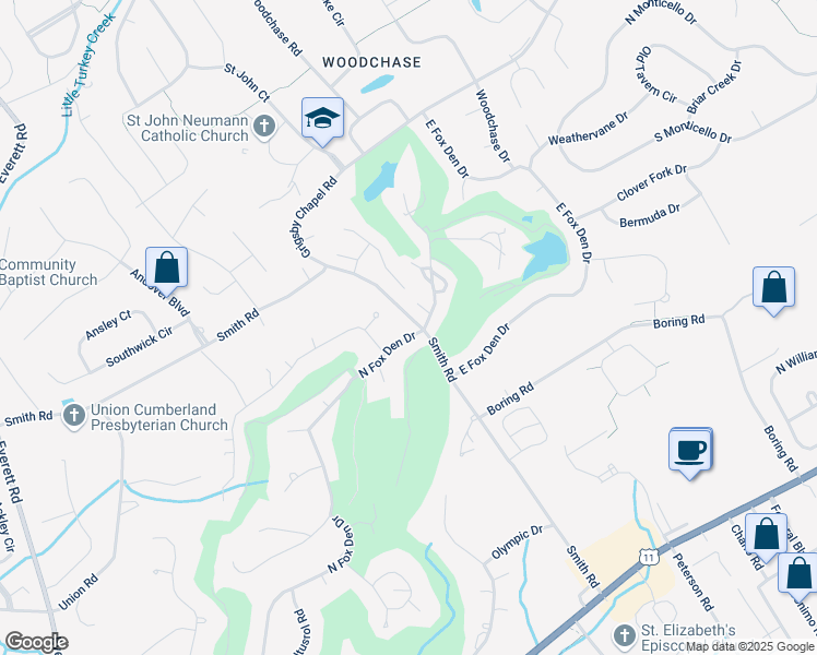 map of restaurants, bars, coffee shops, grocery stores, and more near 12001 North Fox Den Drive in Farragut