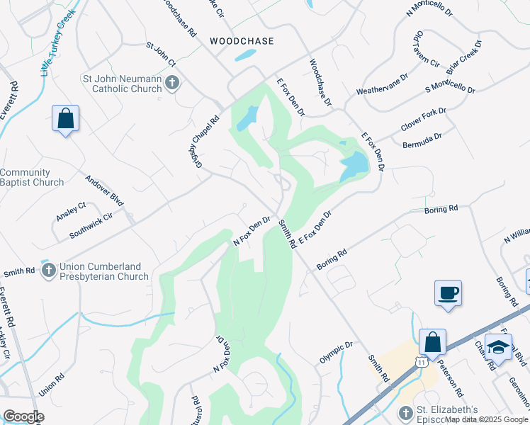 map of restaurants, bars, coffee shops, grocery stores, and more near 12001 North Fox Den Drive in Farragut