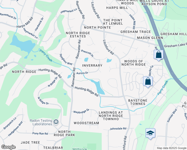 map of restaurants, bars, coffee shops, grocery stores, and more near 2004 Aurora Drive in Raleigh