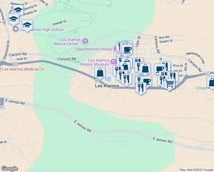 map of restaurants, bars, coffee shops, grocery stores, and more near in Los Alamos