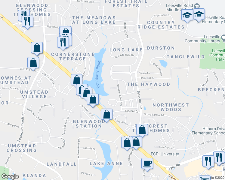 map of restaurants, bars, coffee shops, grocery stores, and more near 5407 Regatta Way in Raleigh