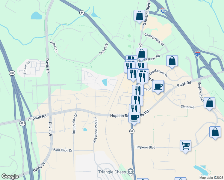 map of restaurants, bars, coffee shops, grocery stores, and more near 8 Whitesell Way in Durham