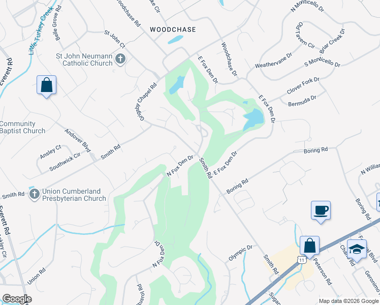 map of restaurants, bars, coffee shops, grocery stores, and more near 12001 North Fox Den Drive in Farragut