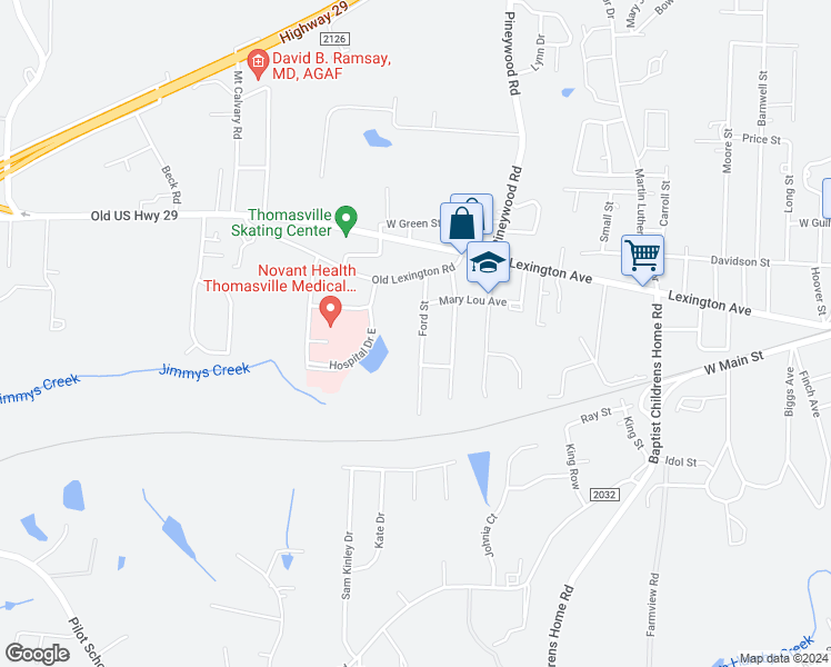 map of restaurants, bars, coffee shops, grocery stores, and more near 110 Ford Street in Thomasville