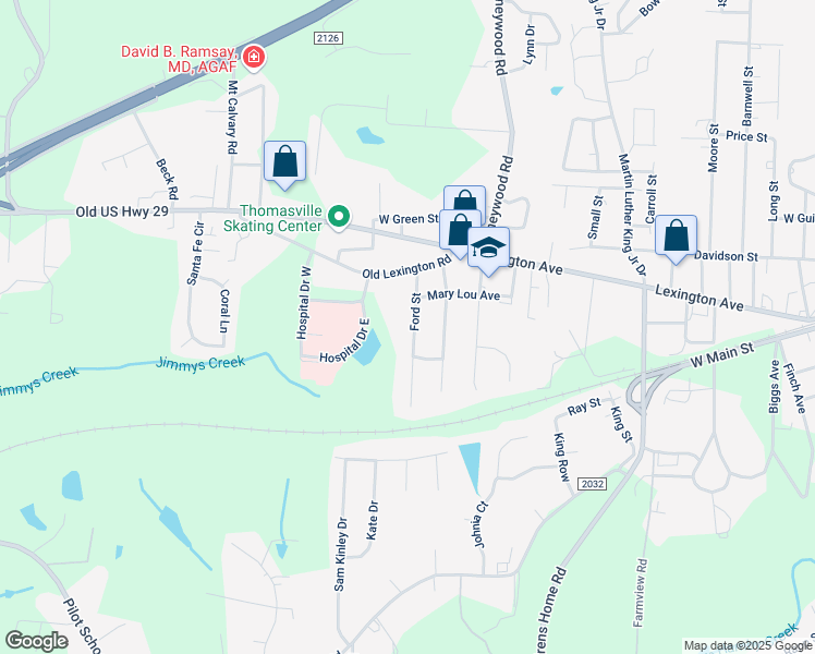 map of restaurants, bars, coffee shops, grocery stores, and more near 110 Ford Street in Thomasville
