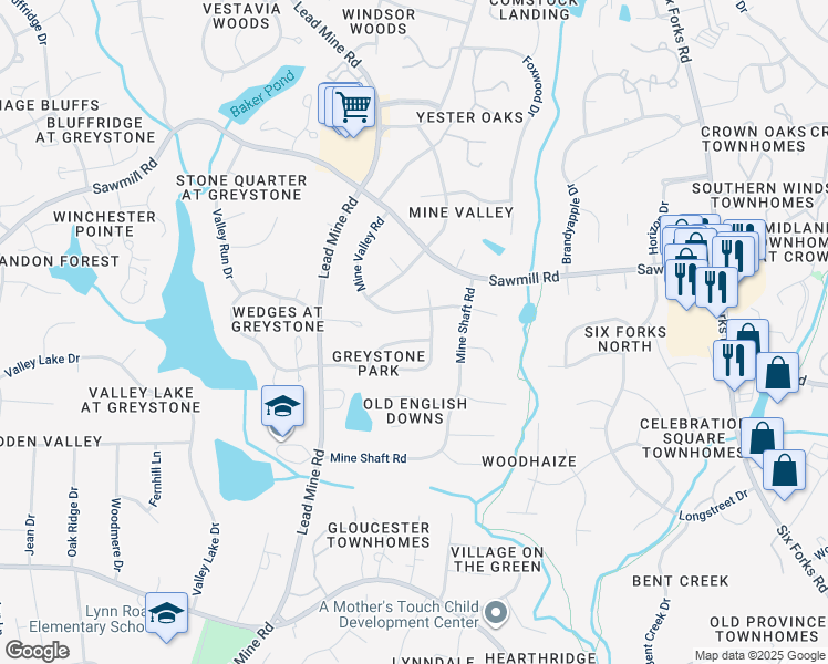 map of restaurants, bars, coffee shops, grocery stores, and more near 1204 Greystone Park Drive in Raleigh