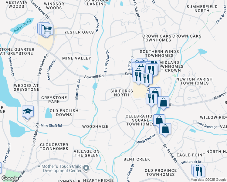 map of restaurants, bars, coffee shops, grocery stores, and more near 7624 Summerglen Drive in Raleigh