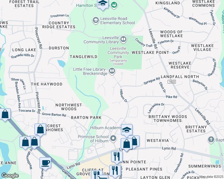 map of restaurants, bars, coffee shops, grocery stores, and more near 4501 Fortingale Circle in Raleigh