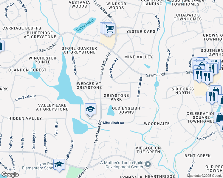 map of restaurants, bars, coffee shops, grocery stores, and more near 7312 Lead Mine Road in Raleigh