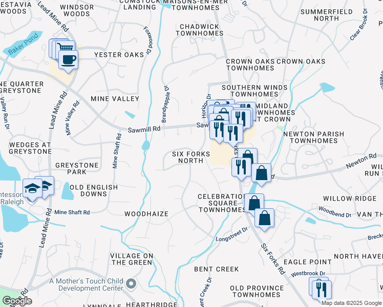 map of restaurants, bars, coffee shops, grocery stores, and more near 7613 Longstreet Drive in Raleigh