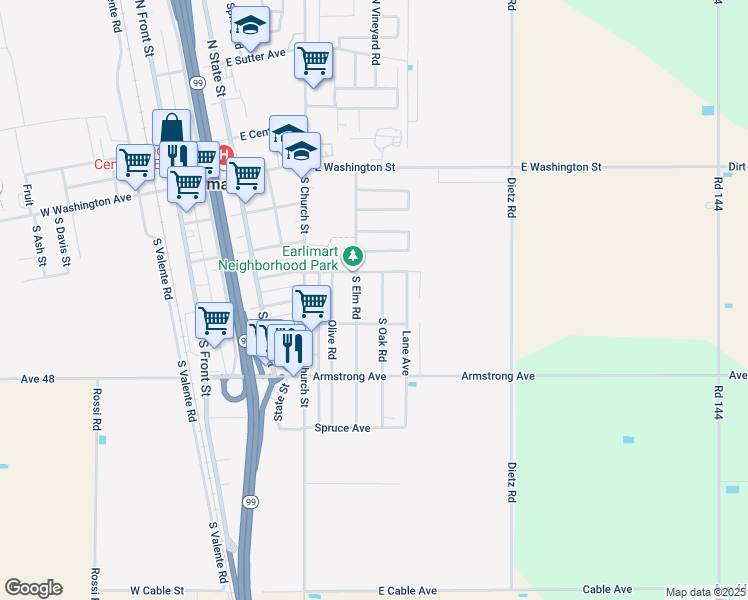 map of restaurants, bars, coffee shops, grocery stores, and more near 607 South Oak Road in Pixley