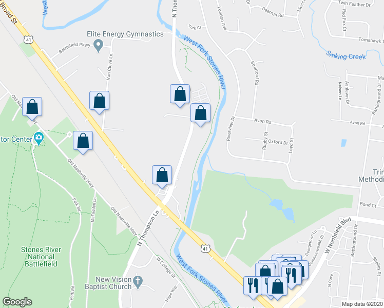map of restaurants, bars, coffee shops, grocery stores, and more near 2130 North Thompson Lane in Murfreesboro
