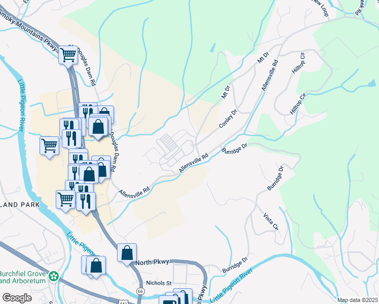 map of restaurants, bars, coffee shops, grocery stores, and more near 293 Mount Drive in Sevierville
