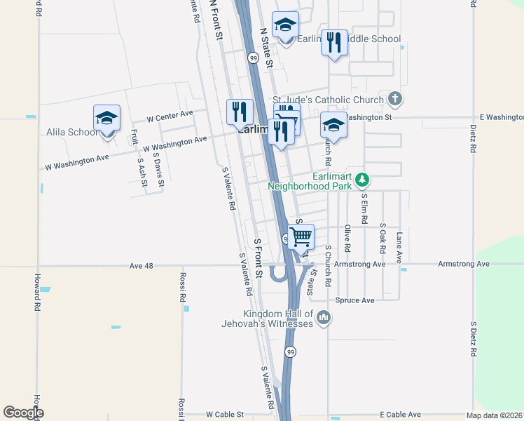 map of restaurants, bars, coffee shops, grocery stores, and more near 540 South Front Street in Earlimart