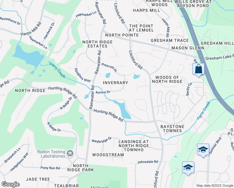 map of restaurants, bars, coffee shops, grocery stores, and more near 2004 Aurora Drive in Raleigh