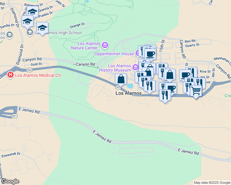 map of restaurants, bars, coffee shops, grocery stores, and more near 1 Loma Vista Street in Los Alamos