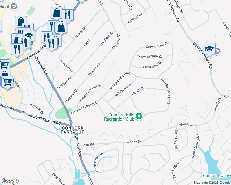 map of restaurants, bars, coffee shops, grocery stores, and more near 11137 Windward Drive in Knoxville