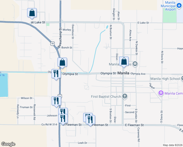 map of restaurants, bars, coffee shops, grocery stores, and more near Olympia Street in Manila