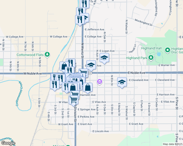 map of restaurants, bars, coffee shops, grocery stores, and more near 321 East Noble Avenue in Guthrie