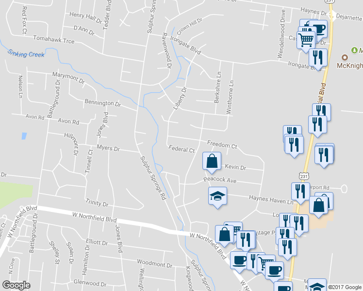 map of restaurants, bars, coffee shops, grocery stores, and more near 528 Federal Court in Murfreesboro