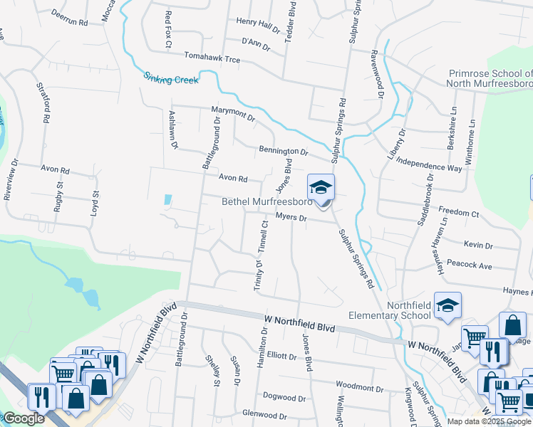 map of restaurants, bars, coffee shops, grocery stores, and more near 1355 Myers Drive in Murfreesboro