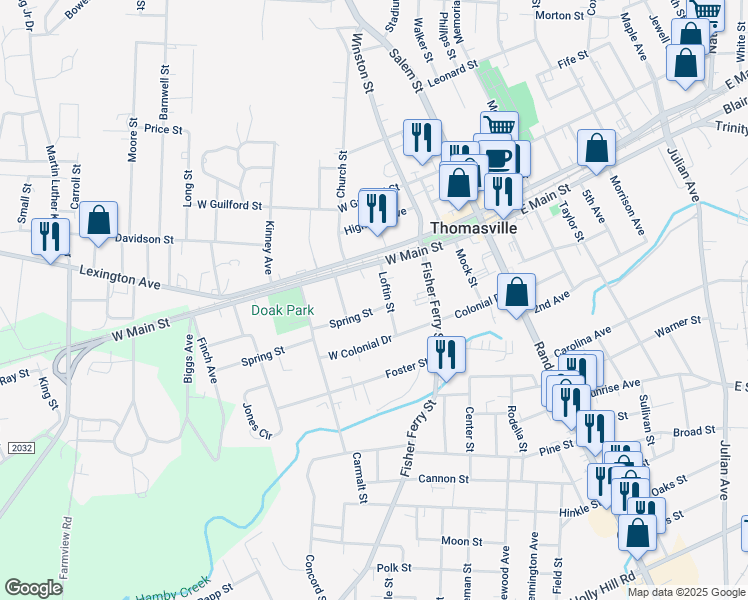 map of restaurants, bars, coffee shops, grocery stores, and more near 206 Spring Street in Thomasville
