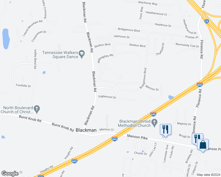 map of restaurants, bars, coffee shops, grocery stores, and more near 2928 Blackman Road in Murfreesboro