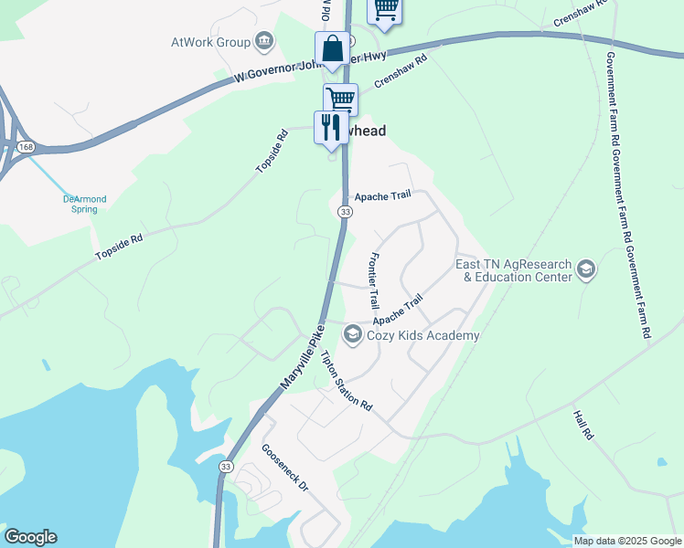 map of restaurants, bars, coffee shops, grocery stores, and more near 6003 Rawhide Trail in Knoxville