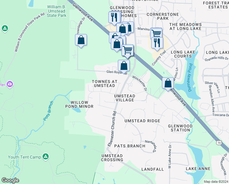 map of restaurants, bars, coffee shops, grocery stores, and more near 8004 Goldenrain Way in Raleigh
