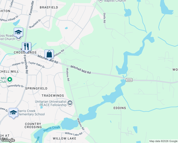 map of restaurants, bars, coffee shops, grocery stores, and more near 4315 Mitchell Mill Road in Wake Forest