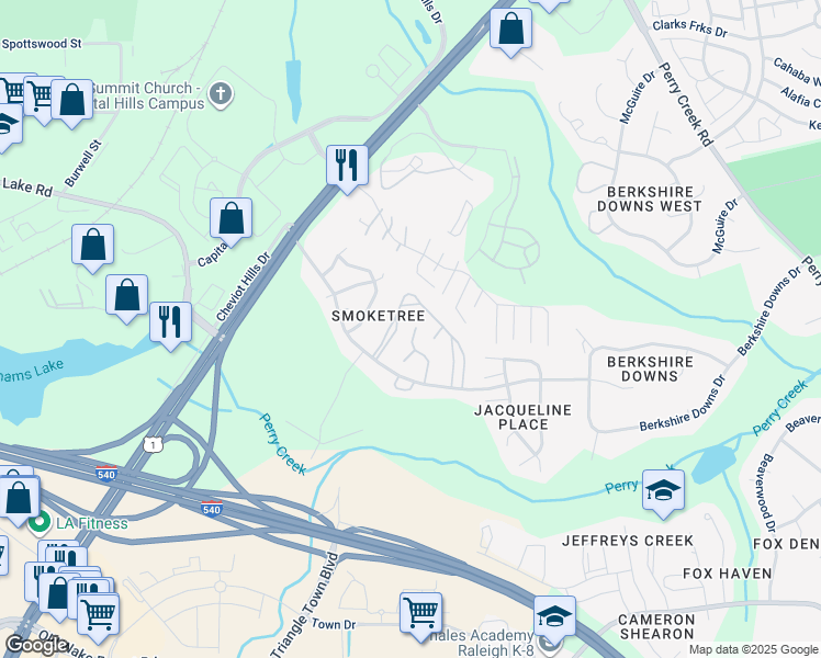map of restaurants, bars, coffee shops, grocery stores, and more near 7313 Ewing Place in Raleigh