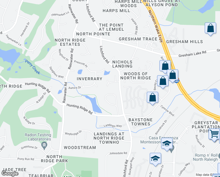 map of restaurants, bars, coffee shops, grocery stores, and more near 2100 Osprey Circle in Raleigh