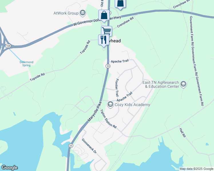 map of restaurants, bars, coffee shops, grocery stores, and more near 6003 Rawhide Trail in Knoxville