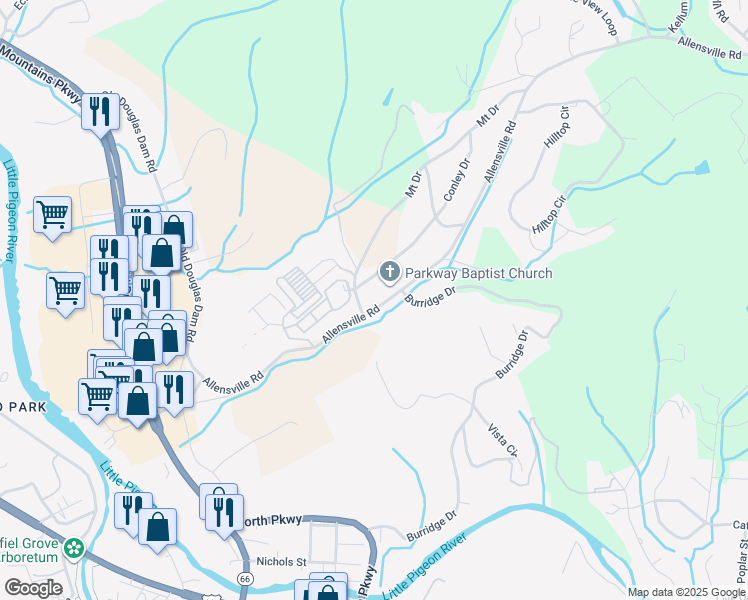 map of restaurants, bars, coffee shops, grocery stores, and more near 306 Allensville Road in Sevierville
