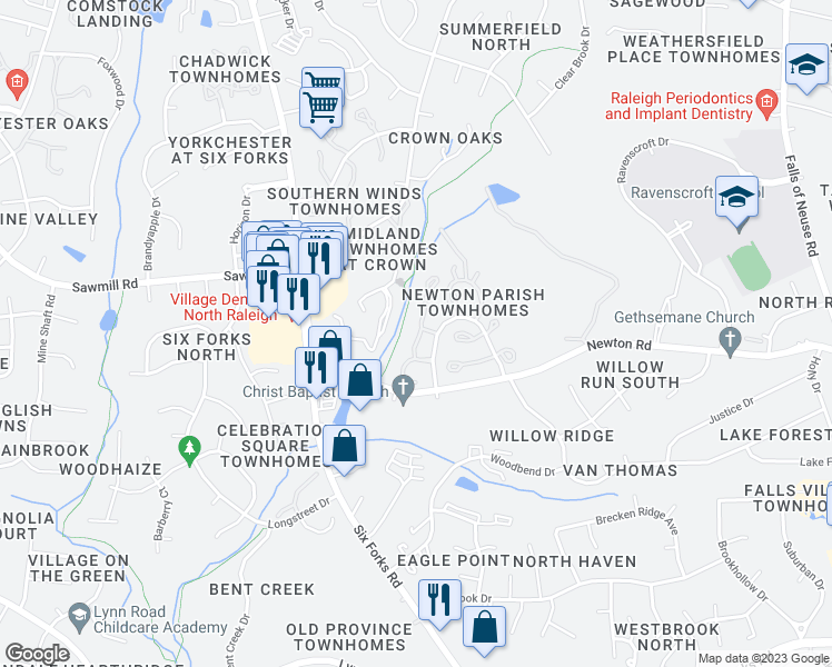 map of restaurants, bars, coffee shops, grocery stores, and more near 7309 Bryn Athyn Way in Raleigh