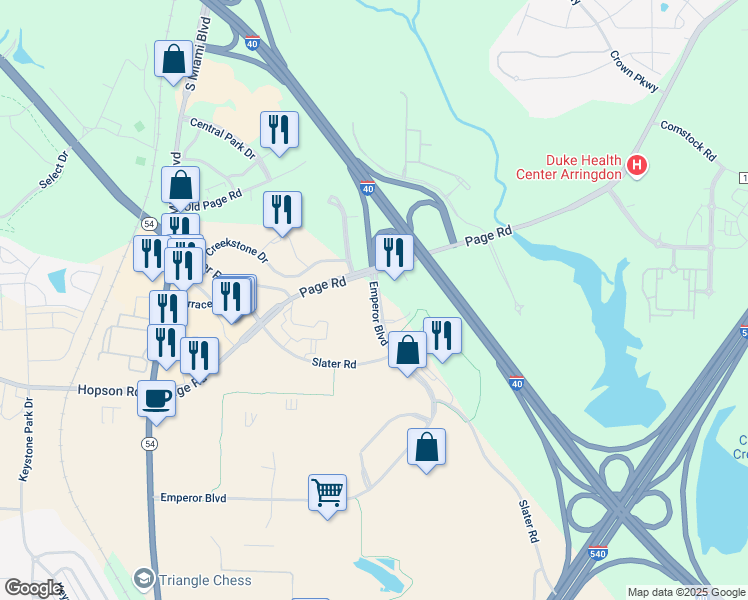 map of restaurants, bars, coffee shops, grocery stores, and more near 4819 Emperor Boulevard in Durham